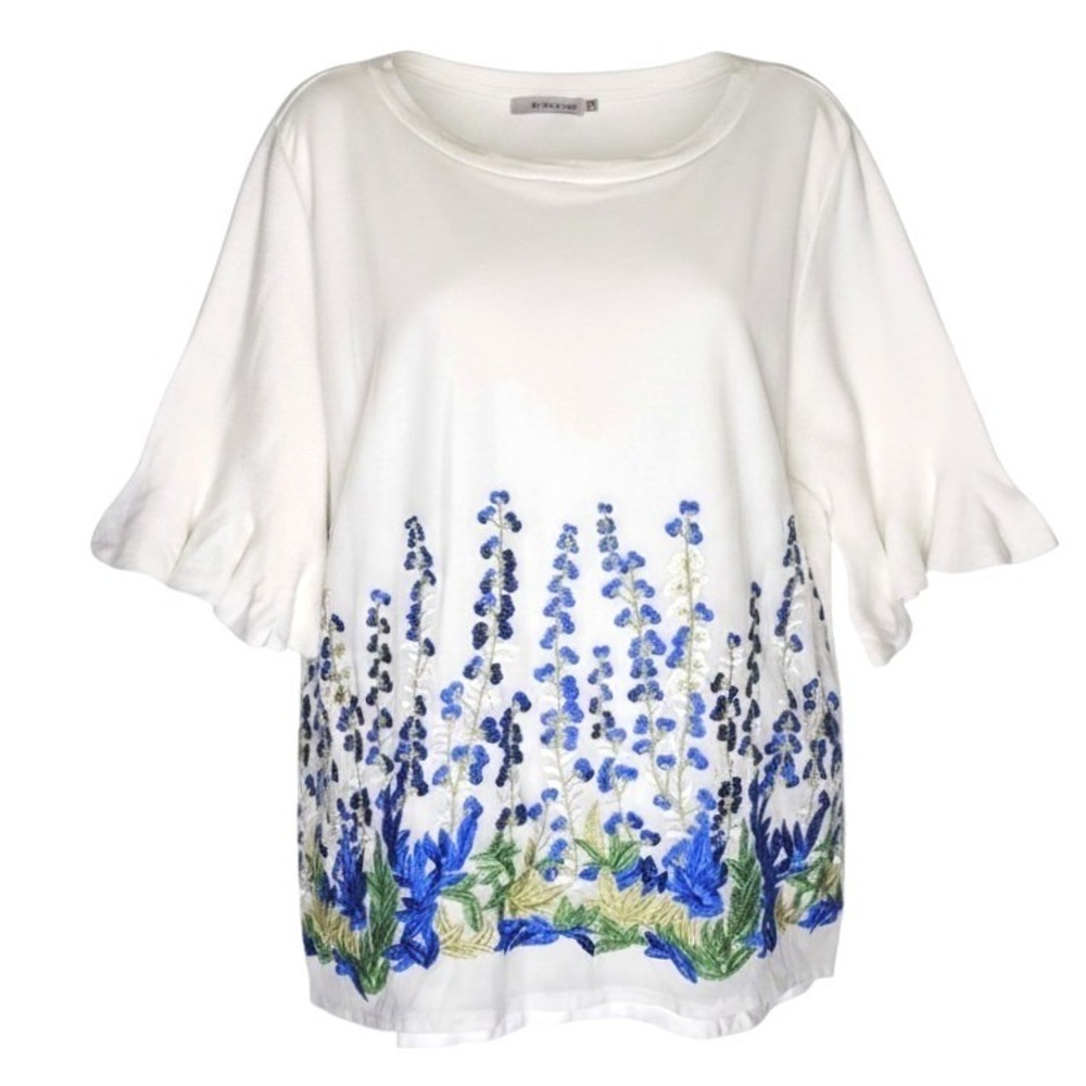 Joseph A Woman White Embroidered Floral Ruffle Sleeve Knit Top 1X Blue Green